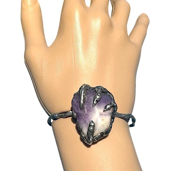 Handcrafted Amethyst Stone Claw Bangle Bracelet With Silver Blend Twist Design - Picture 2 of 11